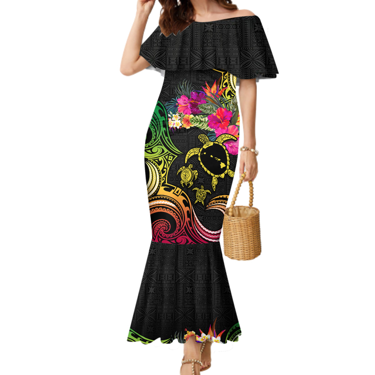 Hawaii Turtle Day Family Matching Mermaid Dress and Hawaiian Shirt Polynesian Tattoo and Hibiscus Flowers LT03 Mom's Dress Black - Polynesian Pride