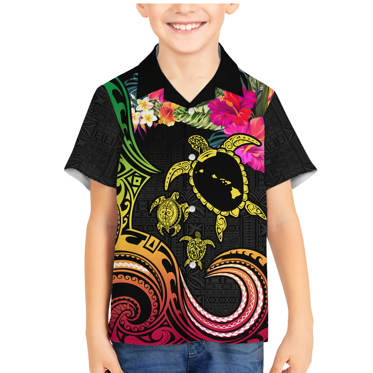 Hawaii Turtle Day Family Matching Mermaid Dress and Hawaiian Shirt Polynesian Tattoo and Hibiscus Flowers LT03 Son's Shirt Black - Polynesian Pride
