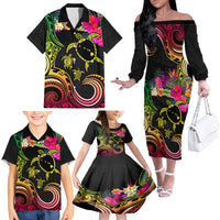 Hawaii Turtle Day Family Matching Off The Shoulder Long Sleeve Dress and Hawaiian Shirt Polynesian Tattoo and Hibiscus Flowers LT03 - Polynesian Pride