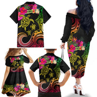 Hawaii Turtle Day Family Matching Off The Shoulder Long Sleeve Dress and Hawaiian Shirt Polynesian Tattoo and Hibiscus Flowers LT03 - Polynesian Pride