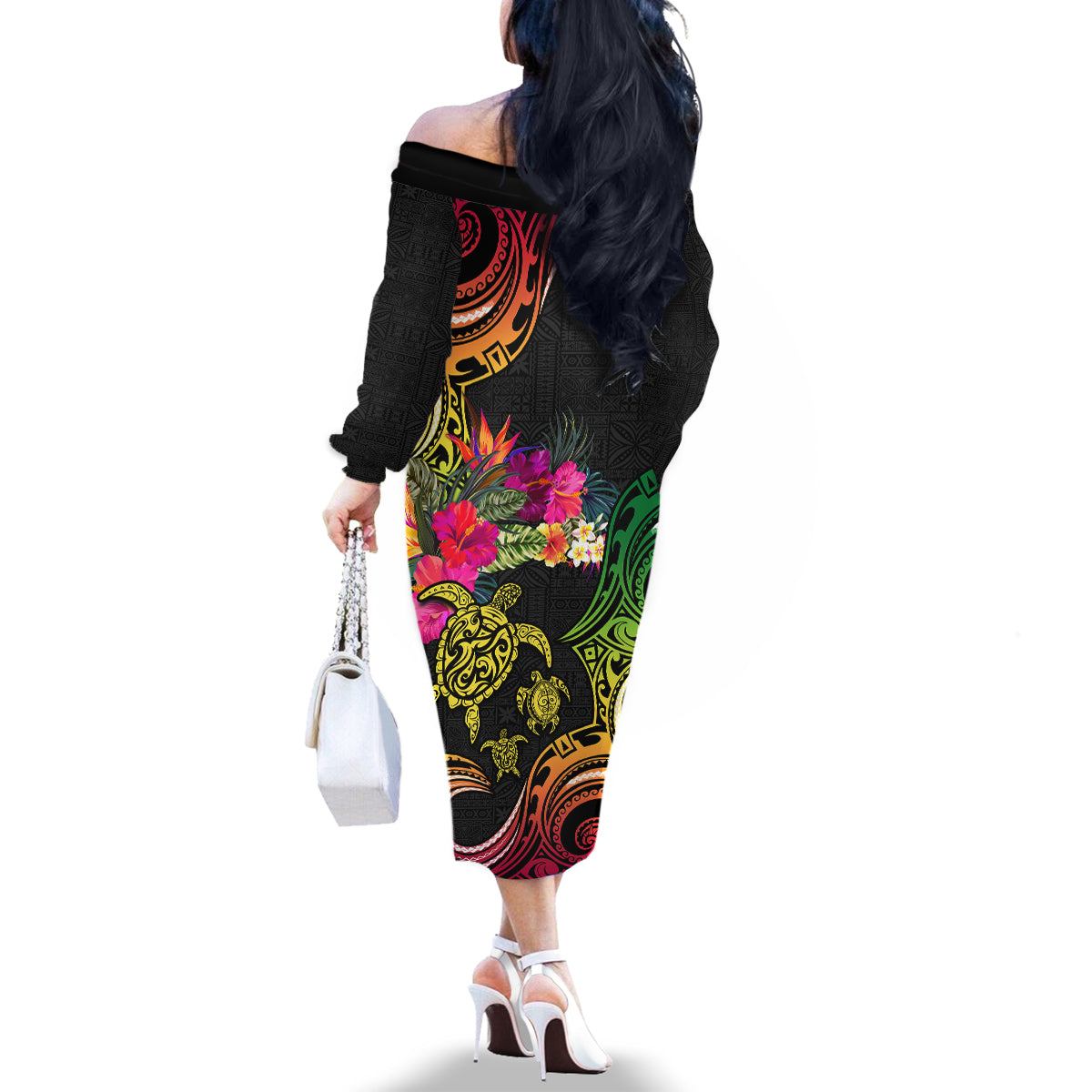 Hawaii Turtle Day Family Matching Off The Shoulder Long Sleeve Dress and Hawaiian Shirt Polynesian Tattoo and Hibiscus Flowers LT03 - Polynesian Pride