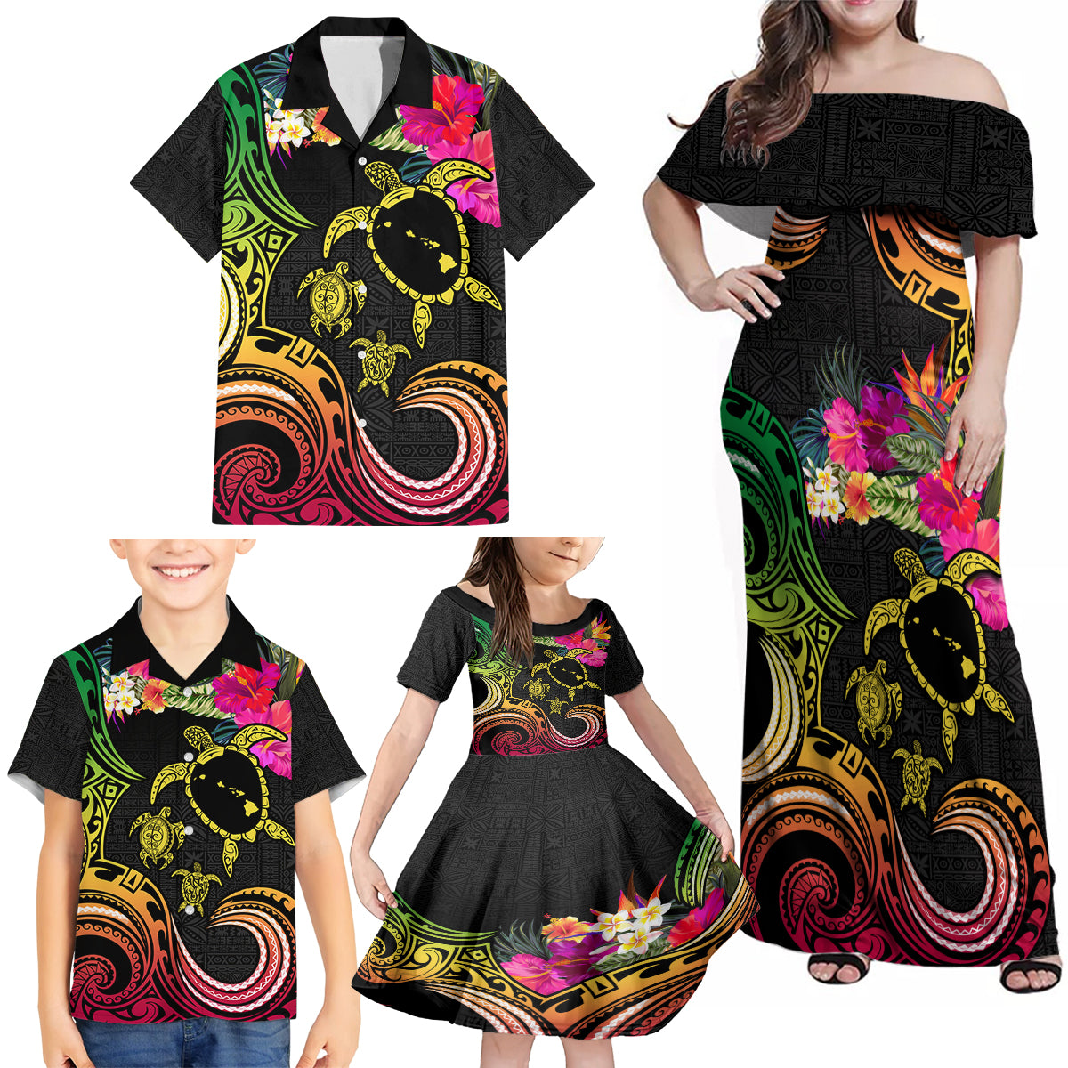 Hawaii Turtle Day Family Matching Off Shoulder Maxi Dress and Hawaiian Shirt Polynesian Tattoo and Hibiscus Flowers LT03 - Polynesian Pride