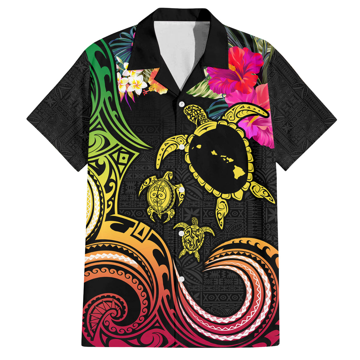 Hawaii Turtle Day Family Matching Off Shoulder Maxi Dress and Hawaiian Shirt Polynesian Tattoo and Hibiscus Flowers LT03 Dad's Shirt - Short Sleeve Black - Polynesian Pride