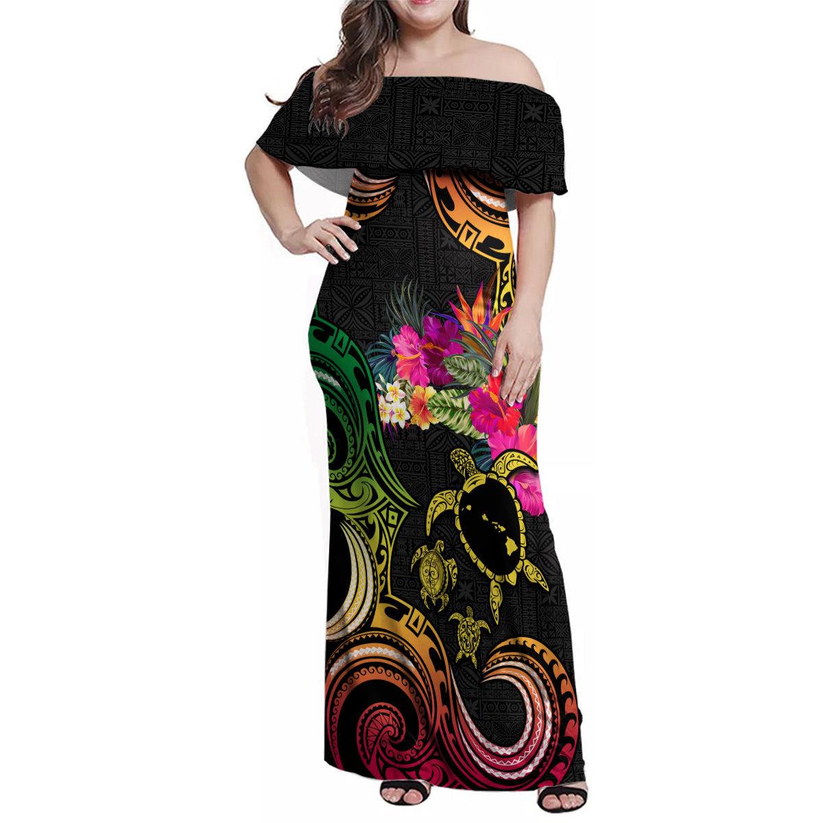 Hawaii Turtle Day Family Matching Off Shoulder Maxi Dress and Hawaiian Shirt Polynesian Tattoo and Hibiscus Flowers LT03 Mom's Dress Black - Polynesian Pride
