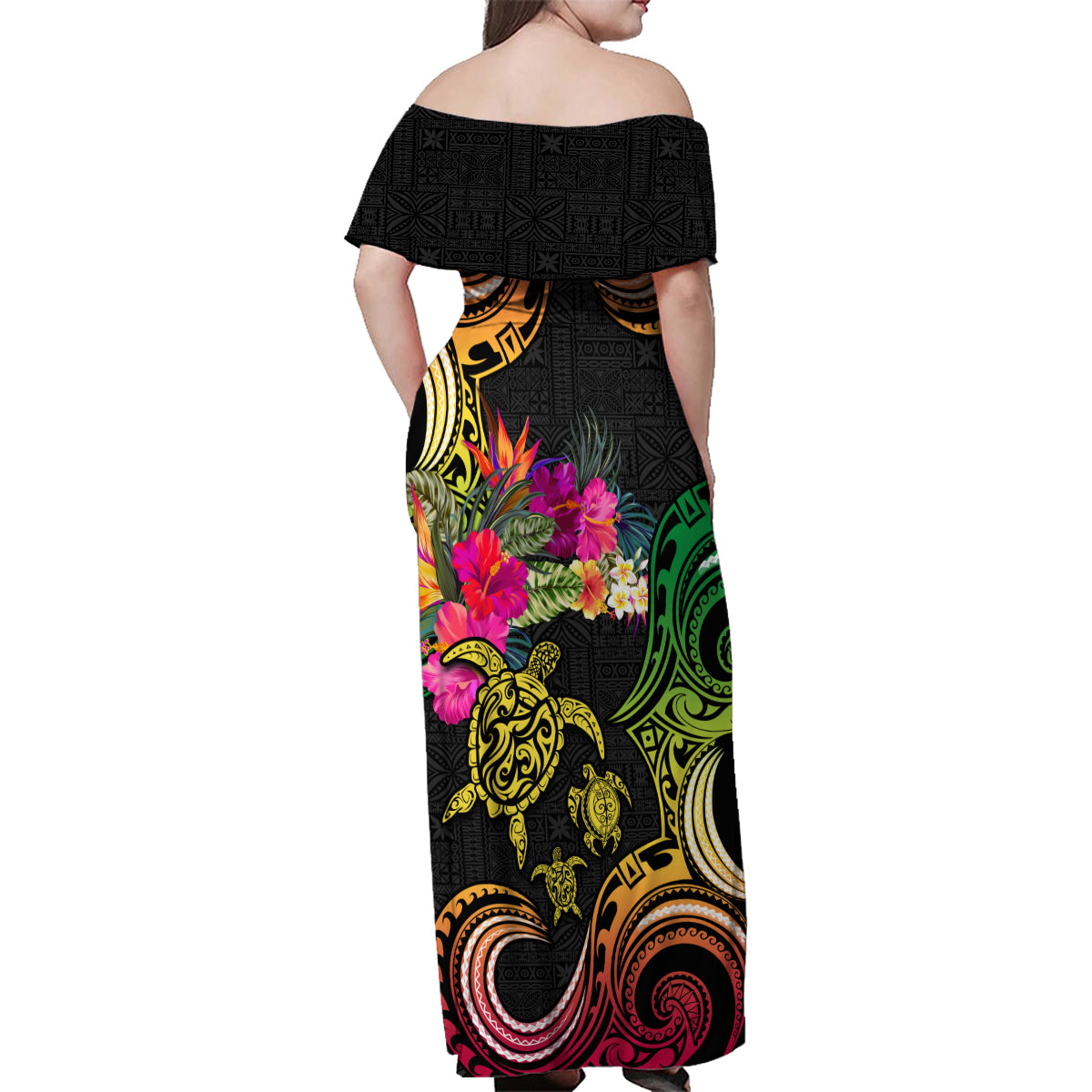 Hawaii Turtle Day Family Matching Off Shoulder Maxi Dress and Hawaiian Shirt Polynesian Tattoo and Hibiscus Flowers LT03 - Polynesian Pride