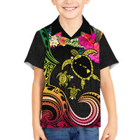 Hawaii Turtle Day Family Matching Off Shoulder Short Dress and Hawaiian Shirt Polynesian Tattoo and Hibiscus Flowers LT03 Son's Shirt Black - Polynesian Pride