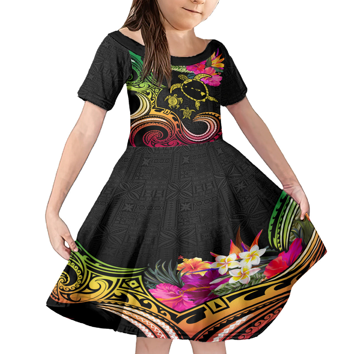 Hawaii Turtle Day Family Matching Puletasi and Hawaiian Shirt Polynesian Tattoo and Hibiscus Flowers LT03 Daughter's Dress Black - Polynesian Pride
