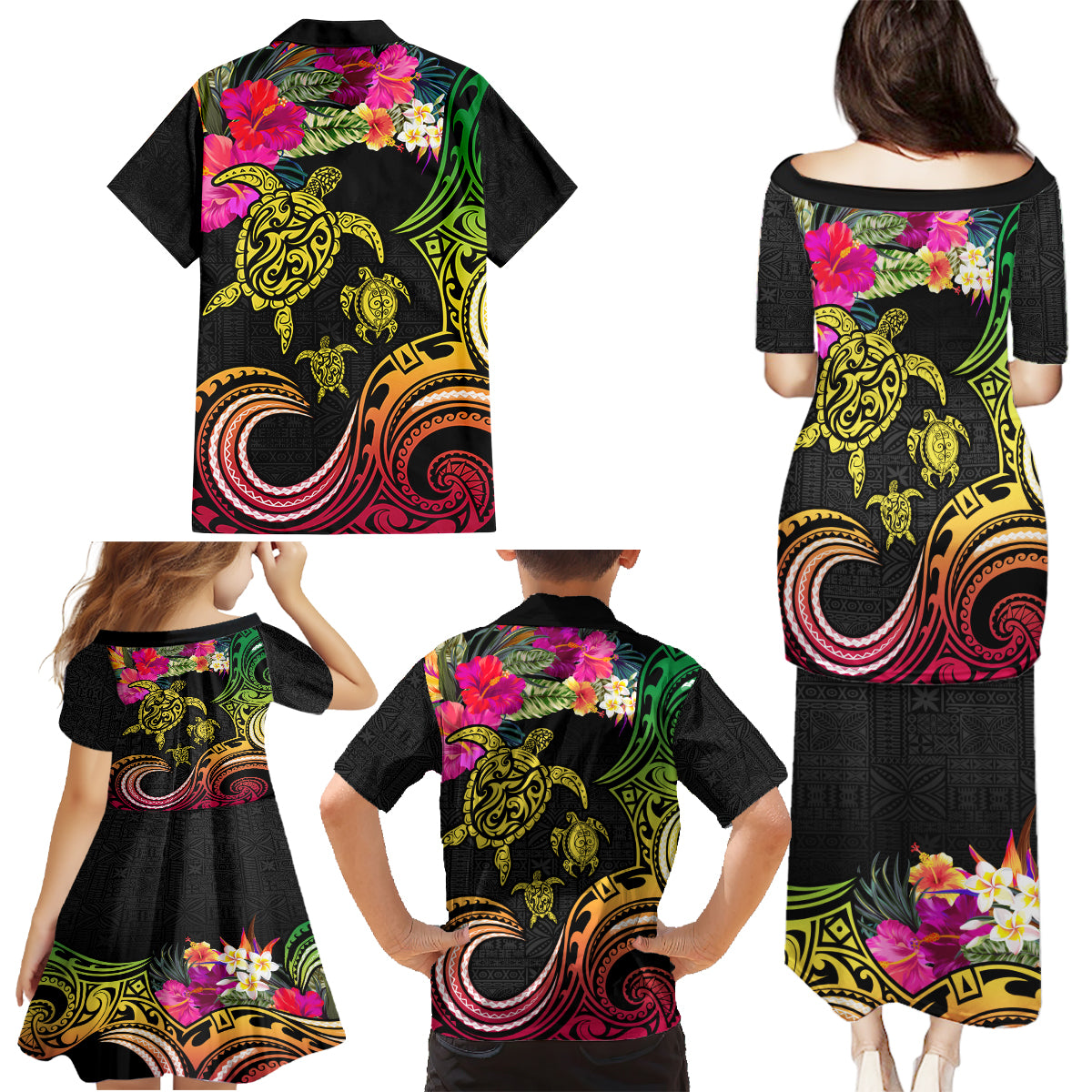 Hawaii Turtle Day Family Matching Puletasi and Hawaiian Shirt Polynesian Tattoo and Hibiscus Flowers LT03 - Polynesian Pride