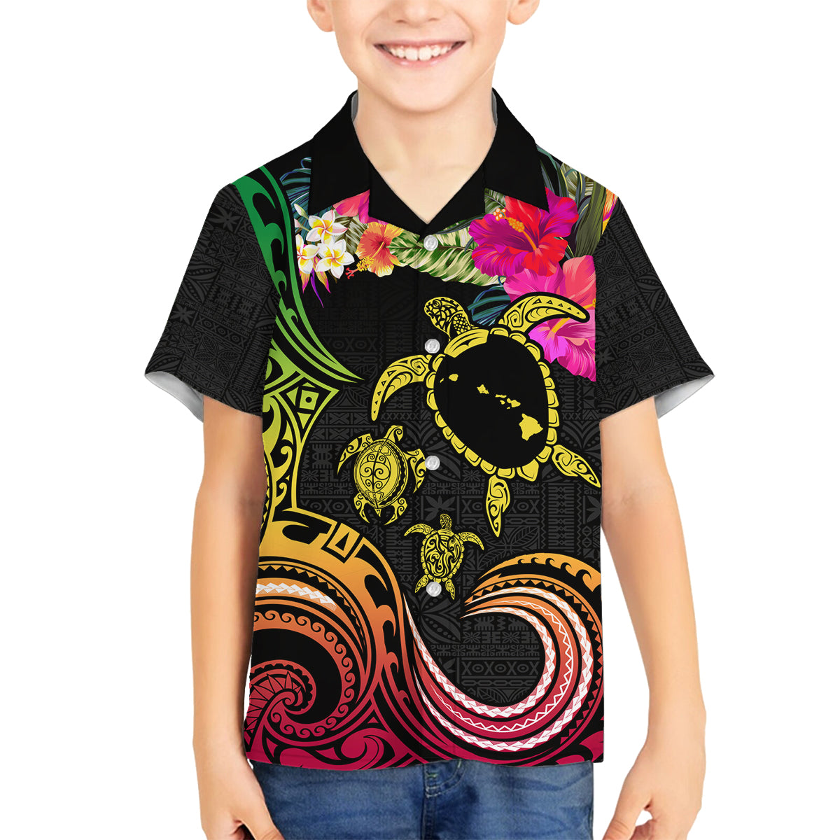 Hawaii Turtle Day Family Matching Puletasi and Hawaiian Shirt Polynesian Tattoo and Hibiscus Flowers LT03 Son's Shirt Black - Polynesian Pride