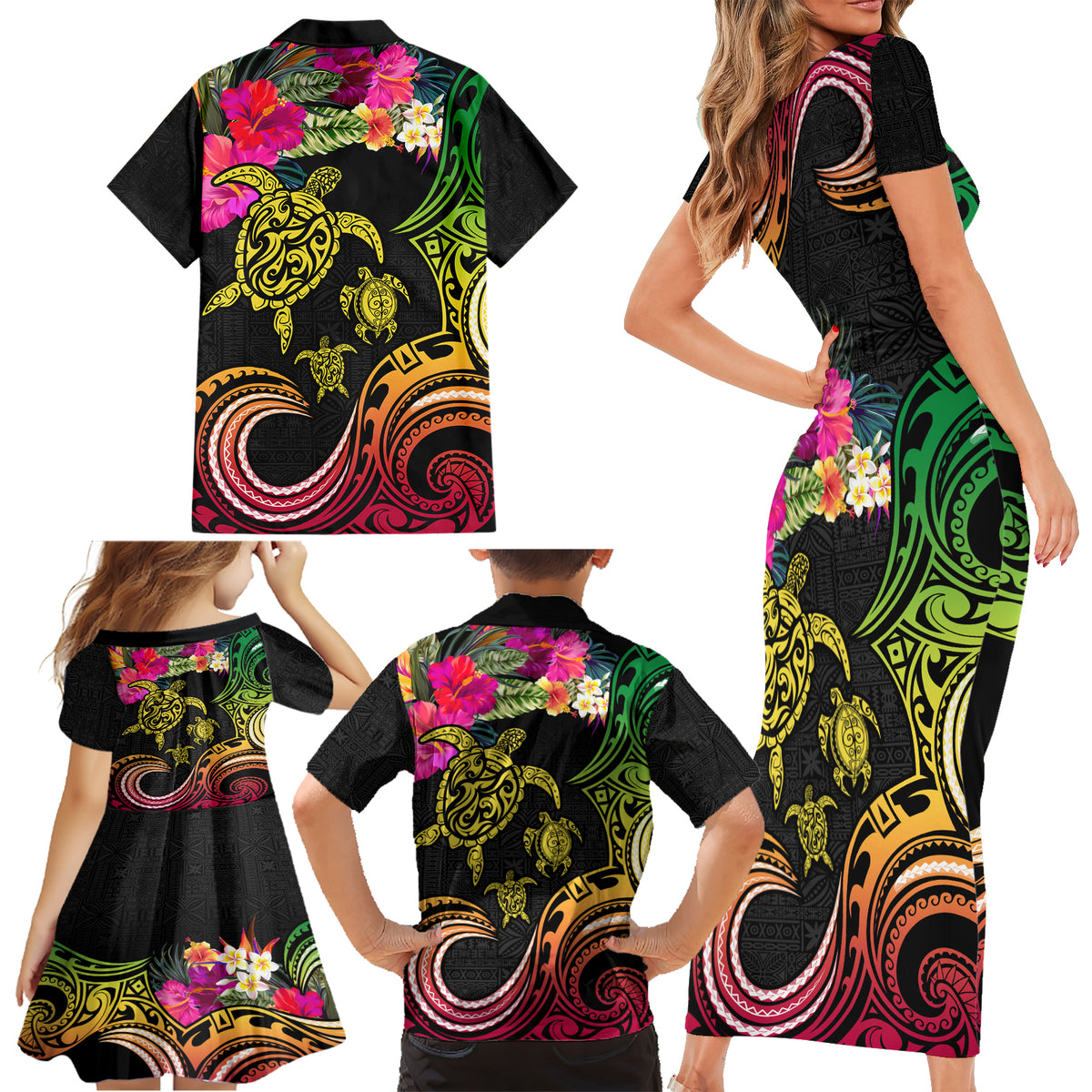 Hawaii Turtle Day Family Matching Short Sleeve Bodycon Dress and Hawaiian Shirt Polynesian Tattoo and Hibiscus Flowers LT03 - Polynesian Pride