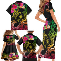 Hawaii Turtle Day Family Matching Short Sleeve Bodycon Dress and Hawaiian Shirt Polynesian Tattoo and Hibiscus Flowers LT03 - Polynesian Pride