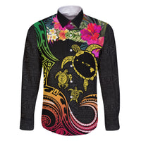 Hawaii Turtle Day Family Matching Short Sleeve Bodycon Dress and Hawaiian Shirt Polynesian Tattoo and Hibiscus Flowers LT03 Dad's Shirt - Long Sleeve Black - Polynesian Pride