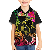 Hawaii Turtle Day Family Matching Short Sleeve Bodycon Dress and Hawaiian Shirt Polynesian Tattoo and Hibiscus Flowers LT03 Son's Shirt Black - Polynesian Pride