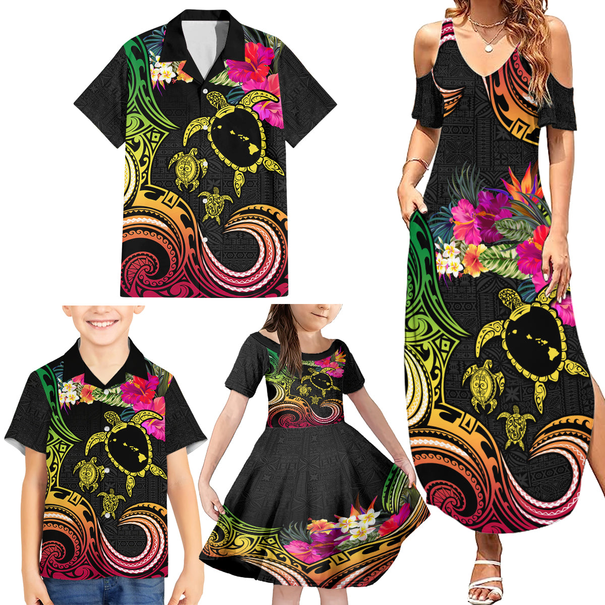 Hawaii Turtle Day Family Matching Summer Maxi Dress and Hawaiian Shirt Polynesian Tattoo and Hibiscus Flowers LT03 - Polynesian Pride