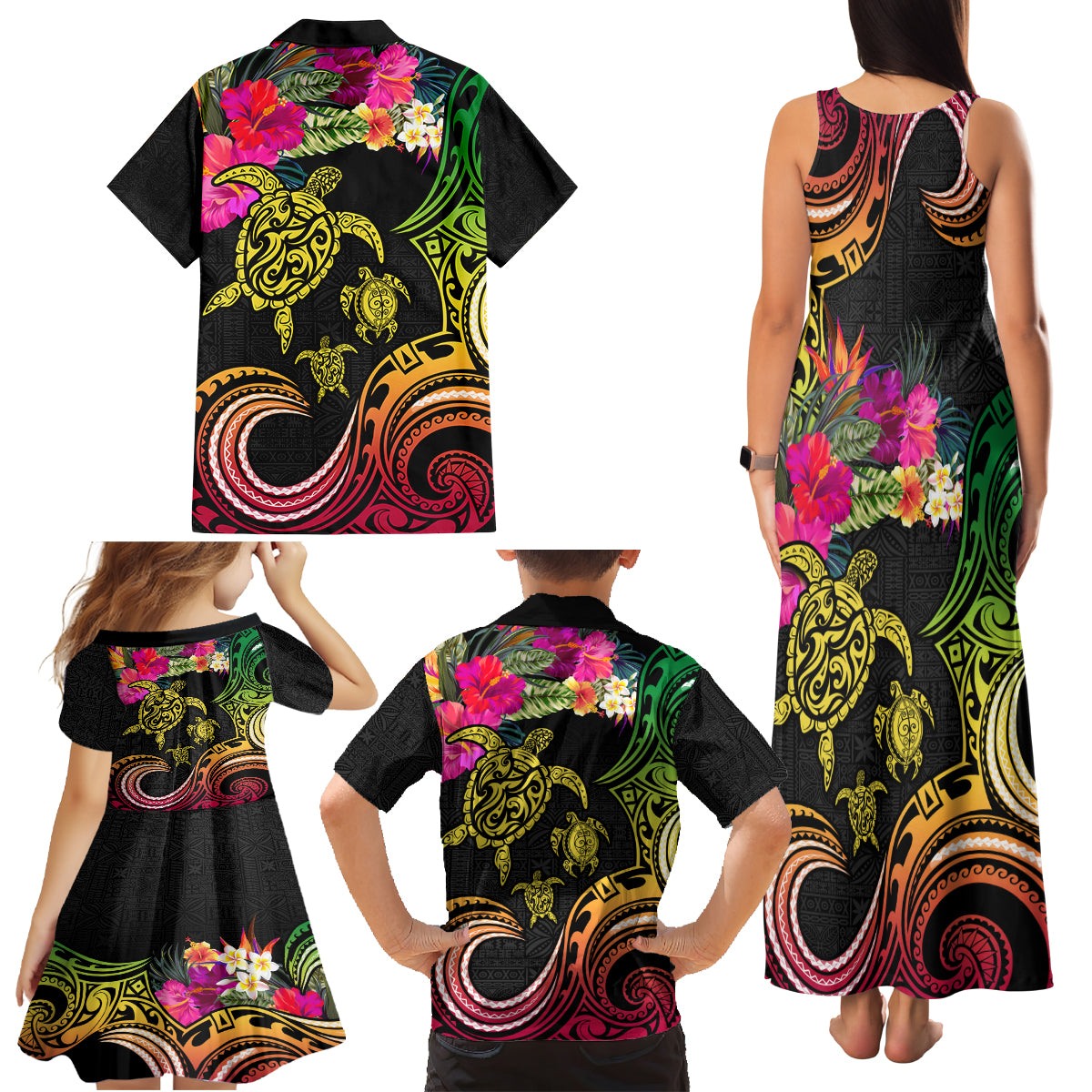 Hawaii Turtle Day Family Matching Tank Maxi Dress and Hawaiian Shirt Polynesian Tattoo and Hibiscus Flowers LT03 - Polynesian Pride