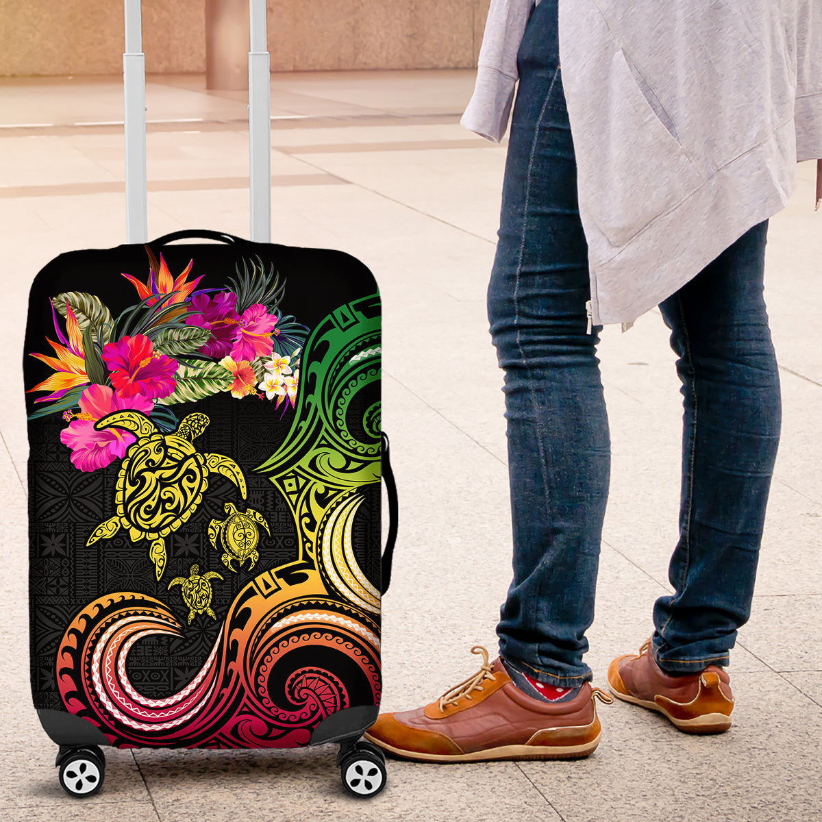 Hawaii Turtle Day Luggage Cover Polynesian Tattoo and Hibiscus Flowers LT03 Black - Polynesian Pride