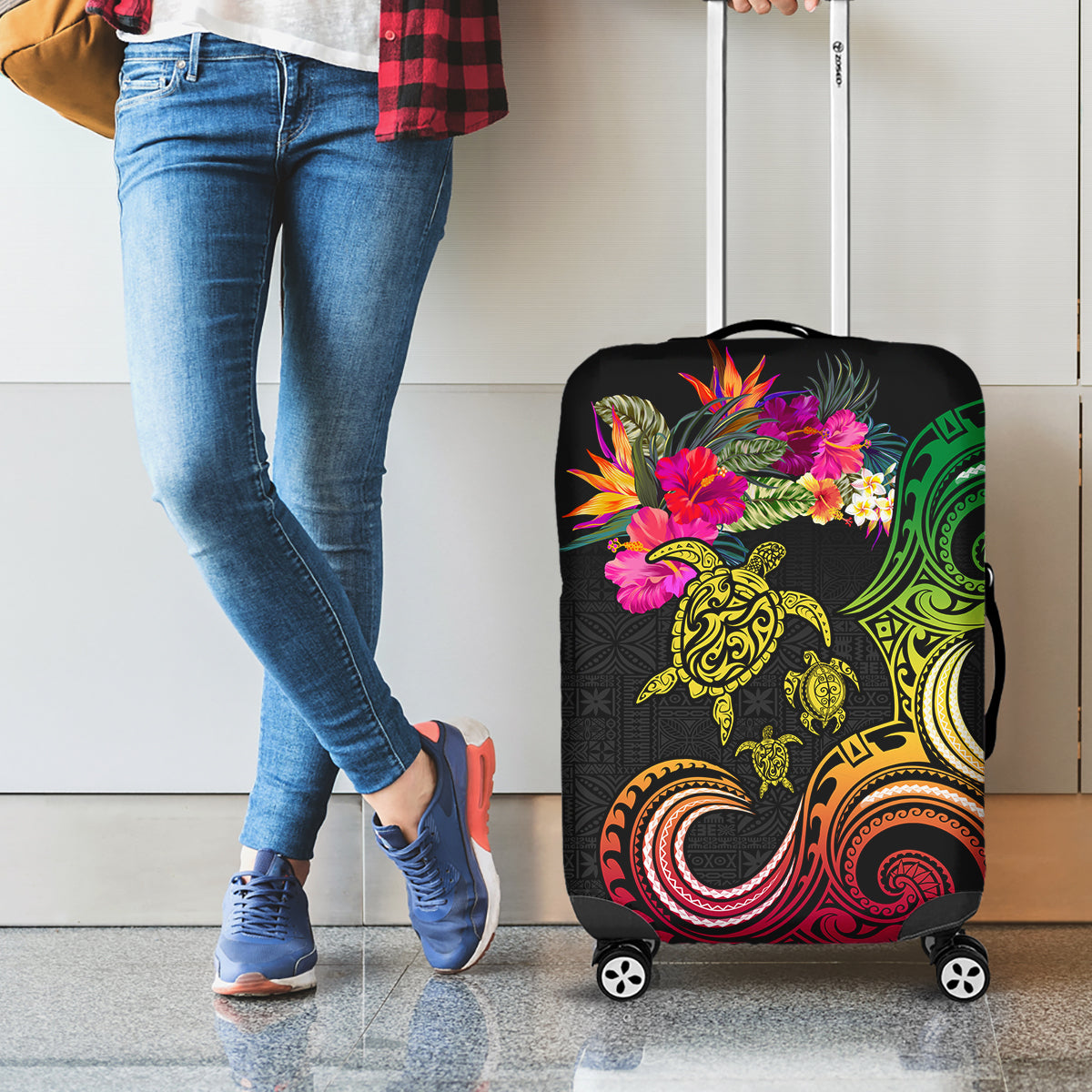 Hawaii Turtle Day Luggage Cover Polynesian Tattoo and Hibiscus Flowers LT03 - Polynesian Pride