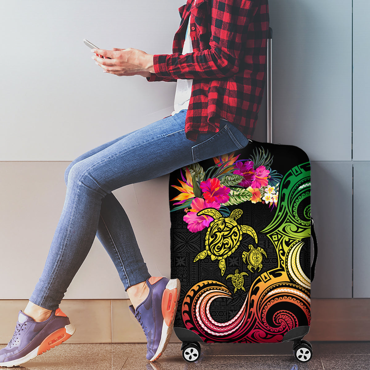 Hawaii Turtle Day Luggage Cover Polynesian Tattoo and Hibiscus Flowers LT03 - Polynesian Pride