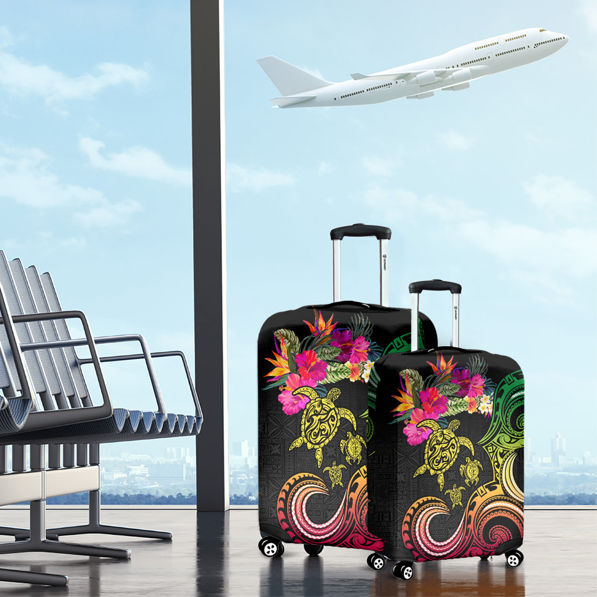 Hawaii Turtle Day Luggage Cover Polynesian Tattoo and Hibiscus Flowers LT03 - Polynesian Pride