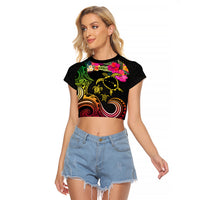 Hawaii Turtle Day Raglan Cropped T Shirt Polynesian Tattoo and Hibiscus Flowers