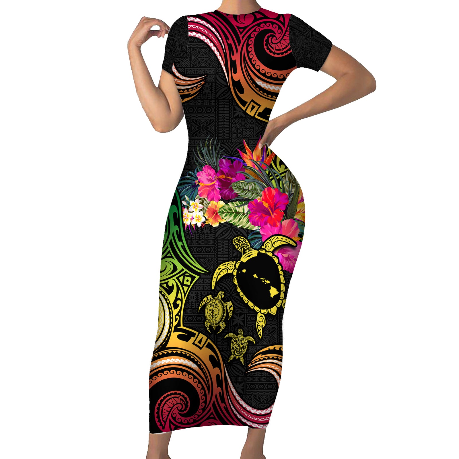 Hawaii Turtle Day Short Sleeve Bodycon Dress Polynesian Tattoo and Hibiscus Flowers LT03 Long Dress Black - Polynesian Pride