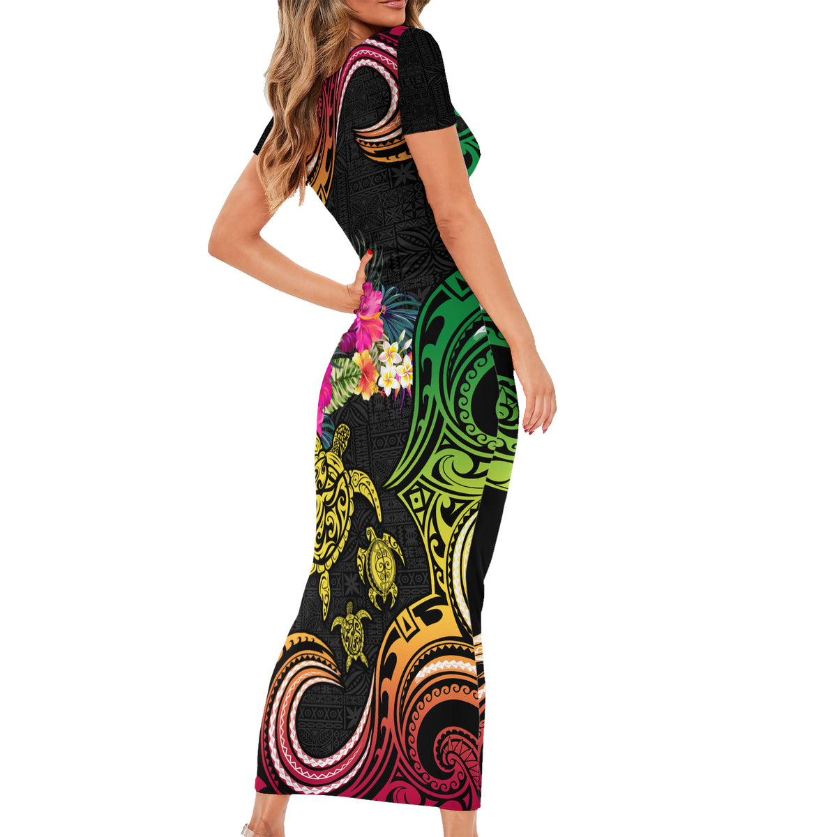 Hawaii Turtle Day Short Sleeve Bodycon Dress Polynesian Tattoo and Hibiscus Flowers