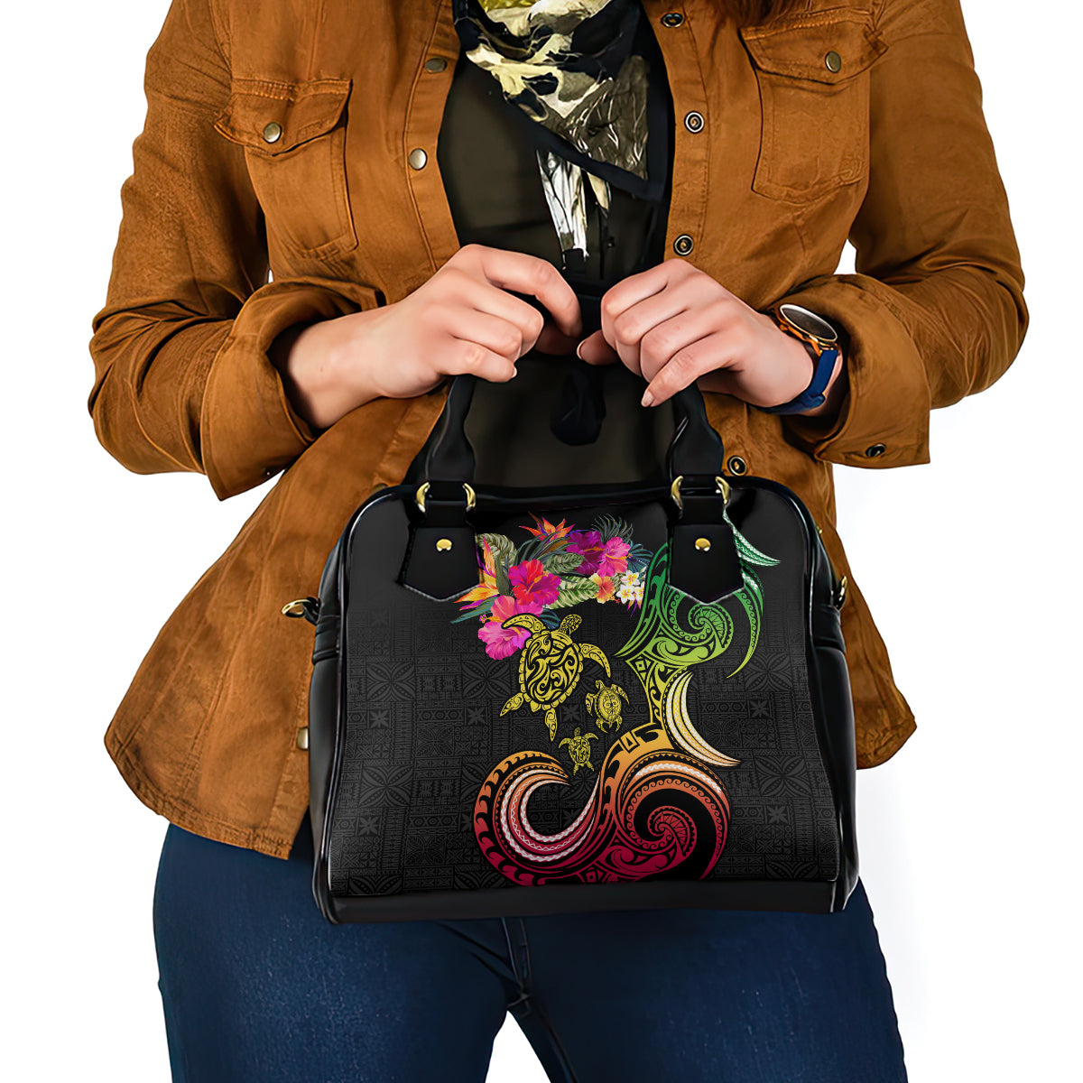 Hawaii Turtle Day Shoulder Handbag Polynesian Tattoo and Hibiscus Flowers