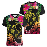 Hawaii Turtle Day Women V-Neck T-Shirt Polynesian Tattoo and Hibiscus Flowers
