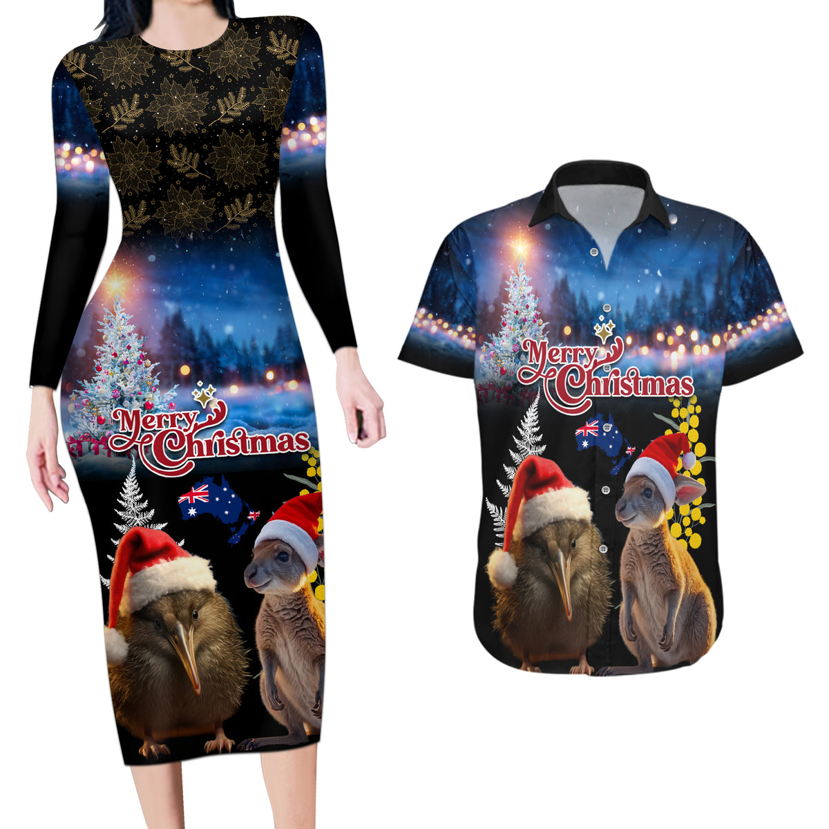 New Zealand and Australia Merry Christmas Couples Matching Long Sleeve Bodycon Dress and Hawaiian Shirt Kiwi Bird and Kangaroo Xmas Vibe LT03 Black - Polynesian Pride