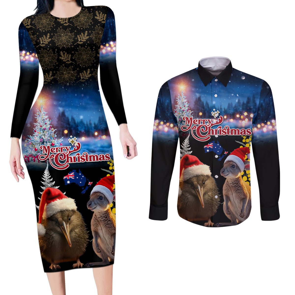 New Zealand and Australia Merry Christmas Couples Matching Long Sleeve Bodycon Dress and Long Sleeve Button Shirt Kiwi Bird and Kangaroo Xmas Vibe LT03 Black - Polynesian Pride