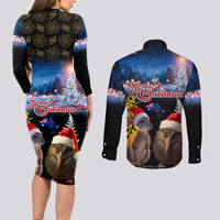 New Zealand and Australia Merry Christmas Couples Matching Long Sleeve Bodycon Dress and Long Sleeve Button Shirt Kiwi Bird and Kangaroo Xmas Vibe LT03 - Polynesian Pride