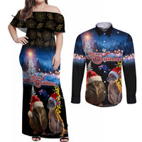 New Zealand and Australia Merry Christmas Couples Matching Off Shoulder Maxi Dress and Long Sleeve Button Shirt Kiwi Bird and Kangaroo Xmas Vibe LT03 Black - Polynesian Pride