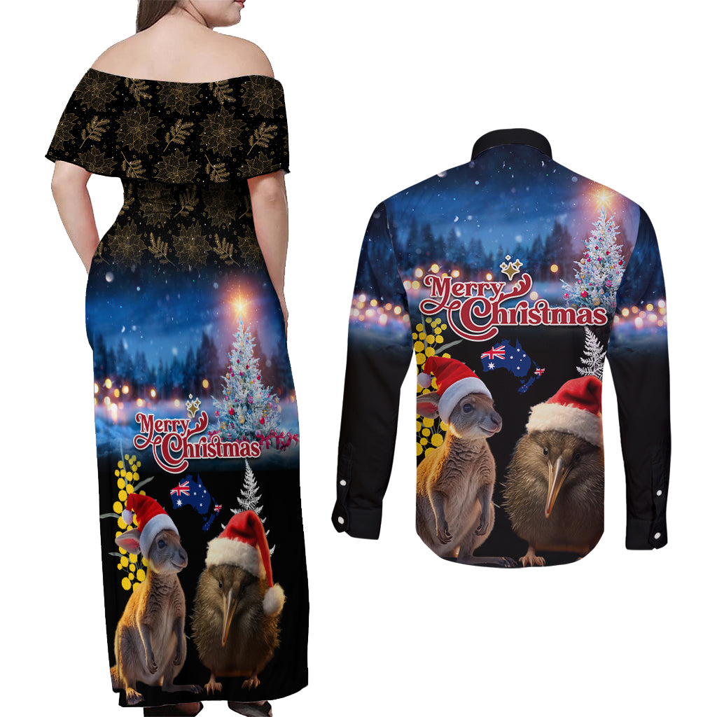 New Zealand and Australia Merry Christmas Couples Matching Off Shoulder Maxi Dress and Long Sleeve Button Shirt Kiwi Bird and Kangaroo Xmas Vibe LT03 - Polynesian Pride
