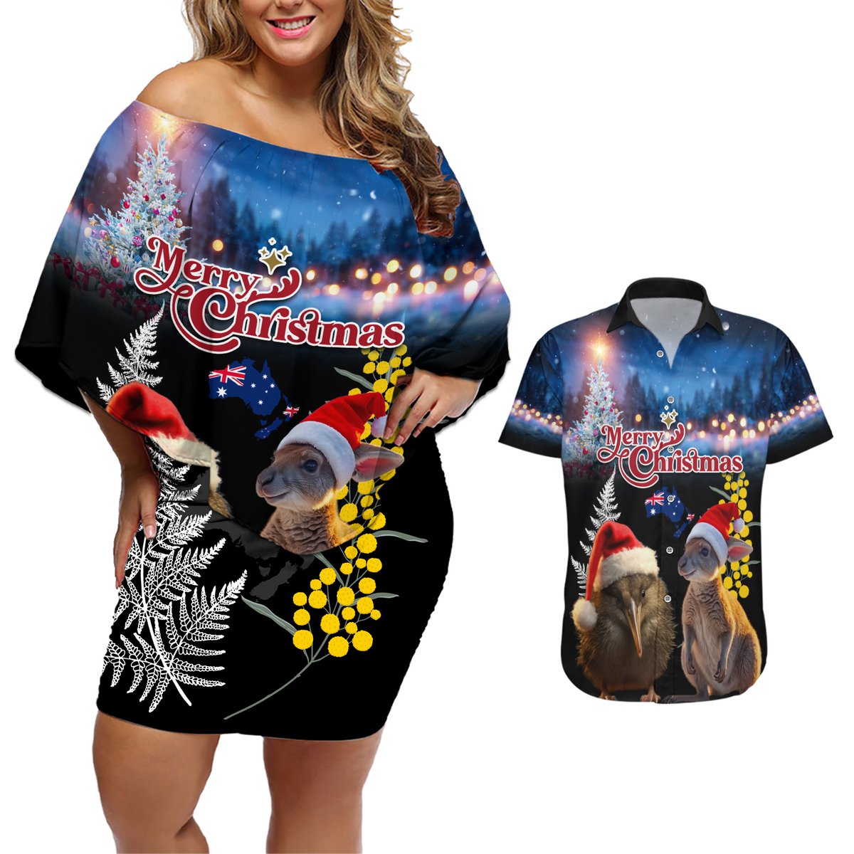 New Zealand and Australia Merry Christmas Couples Matching Off Shoulder Short Dress and Hawaiian Shirt Kiwi Bird and Kangaroo Xmas Vibe LT03 Black - Polynesian Pride