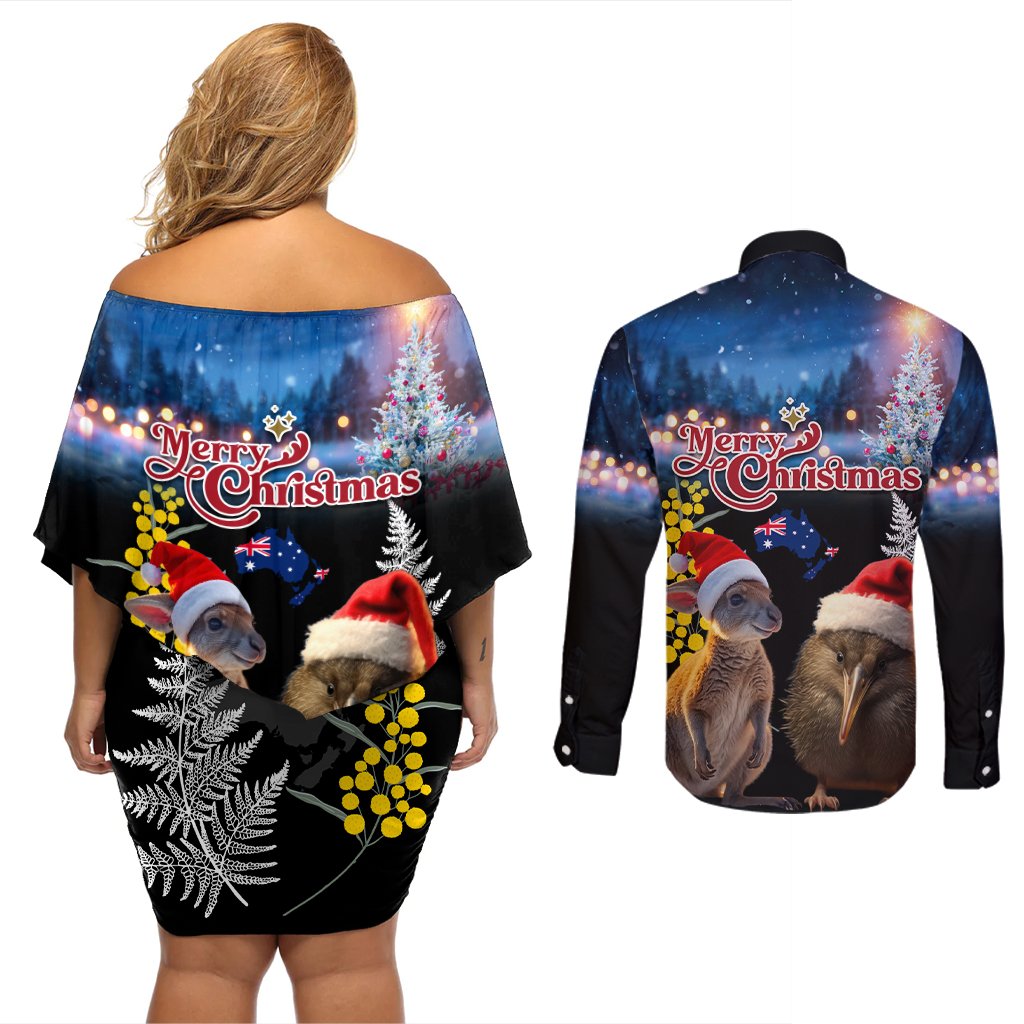 New Zealand and Australia Merry Christmas Couples Matching Off Shoulder Short Dress and Long Sleeve Button Shirt Kiwi Bird and Kangaroo Xmas Vibe LT03 - Polynesian Pride
