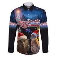 New Zealand and Australia Merry Christmas Family Matching Long Sleeve Bodycon Dress and Hawaiian Shirt Kiwi Bird and Kangaroo Xmas Vibe LT03 Dad's Shirt - Long Sleeve Black - Polynesian Pride