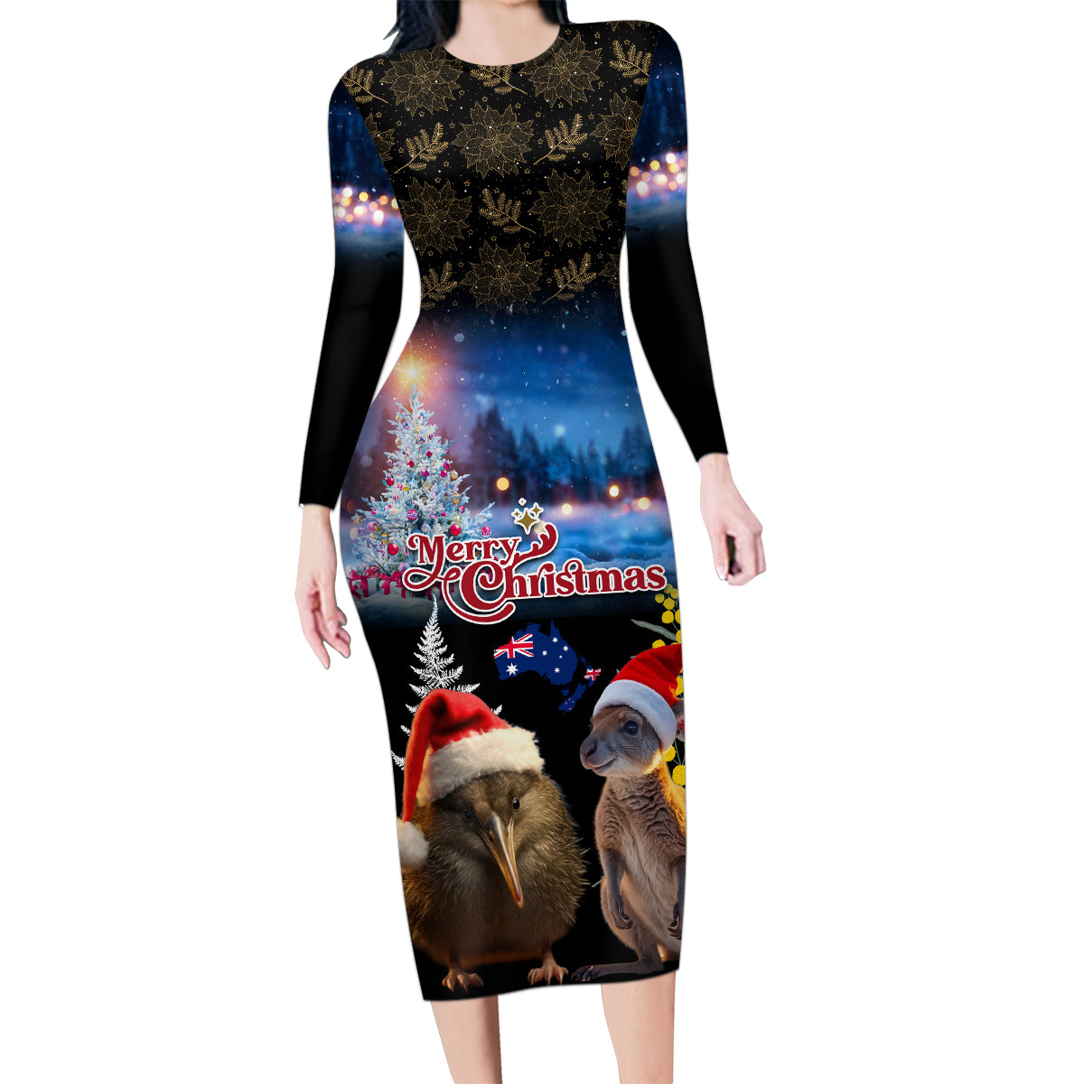 New Zealand and Australia Merry Christmas Family Matching Long Sleeve Bodycon Dress and Hawaiian Shirt Kiwi Bird and Kangaroo Xmas Vibe LT03 Mom's Dress Black - Polynesian Pride