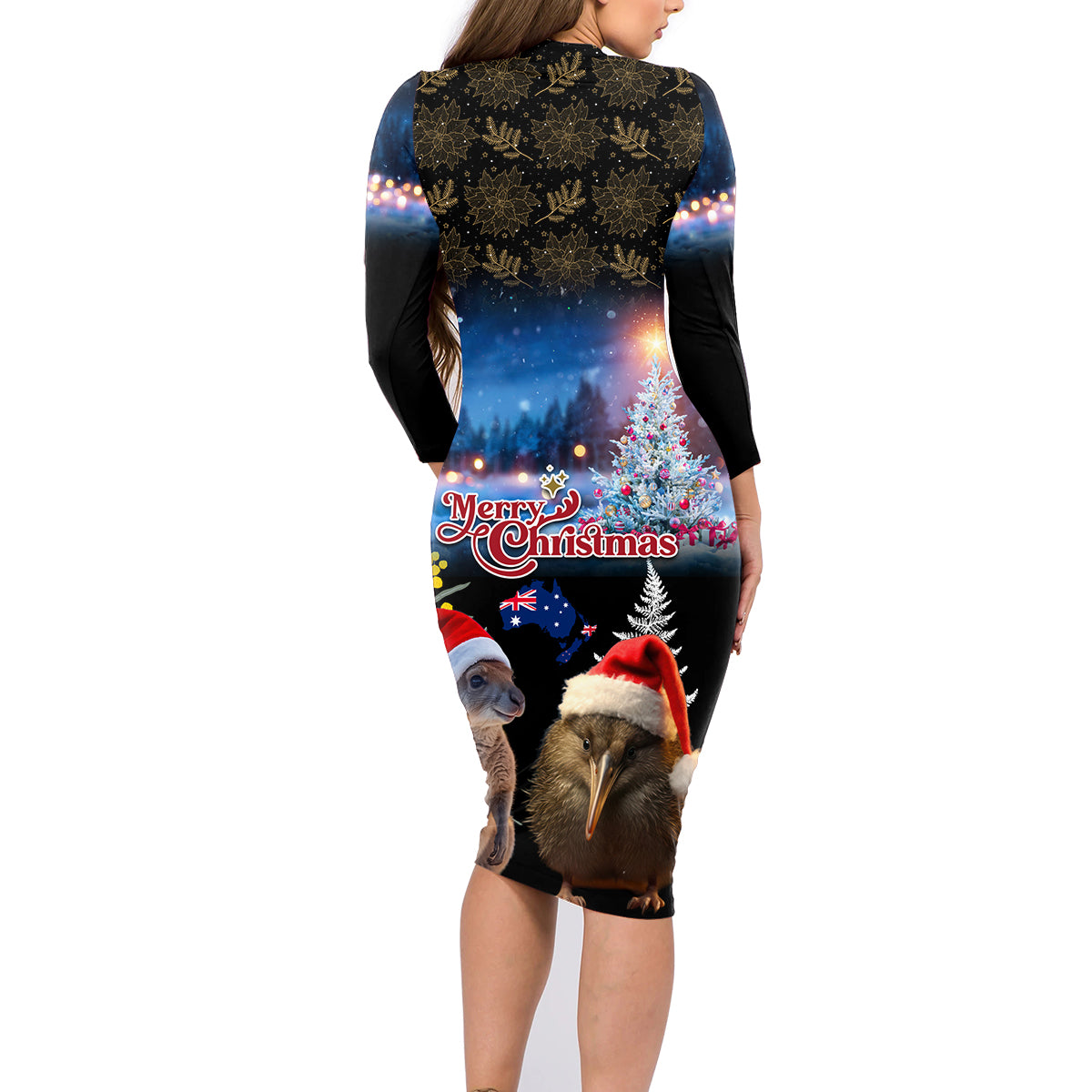 New Zealand and Australia Merry Christmas Family Matching Long Sleeve Bodycon Dress and Hawaiian Shirt Kiwi Bird and Kangaroo Xmas Vibe LT03 - Polynesian Pride