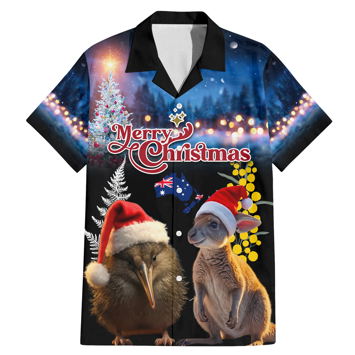 New Zealand and Australia Merry Christmas Family Matching Mermaid Dress and Hawaiian Shirt Kiwi Bird and Kangaroo Xmas Vibe LT03 Dad's Shirt - Short Sleeve Black - Polynesian Pride