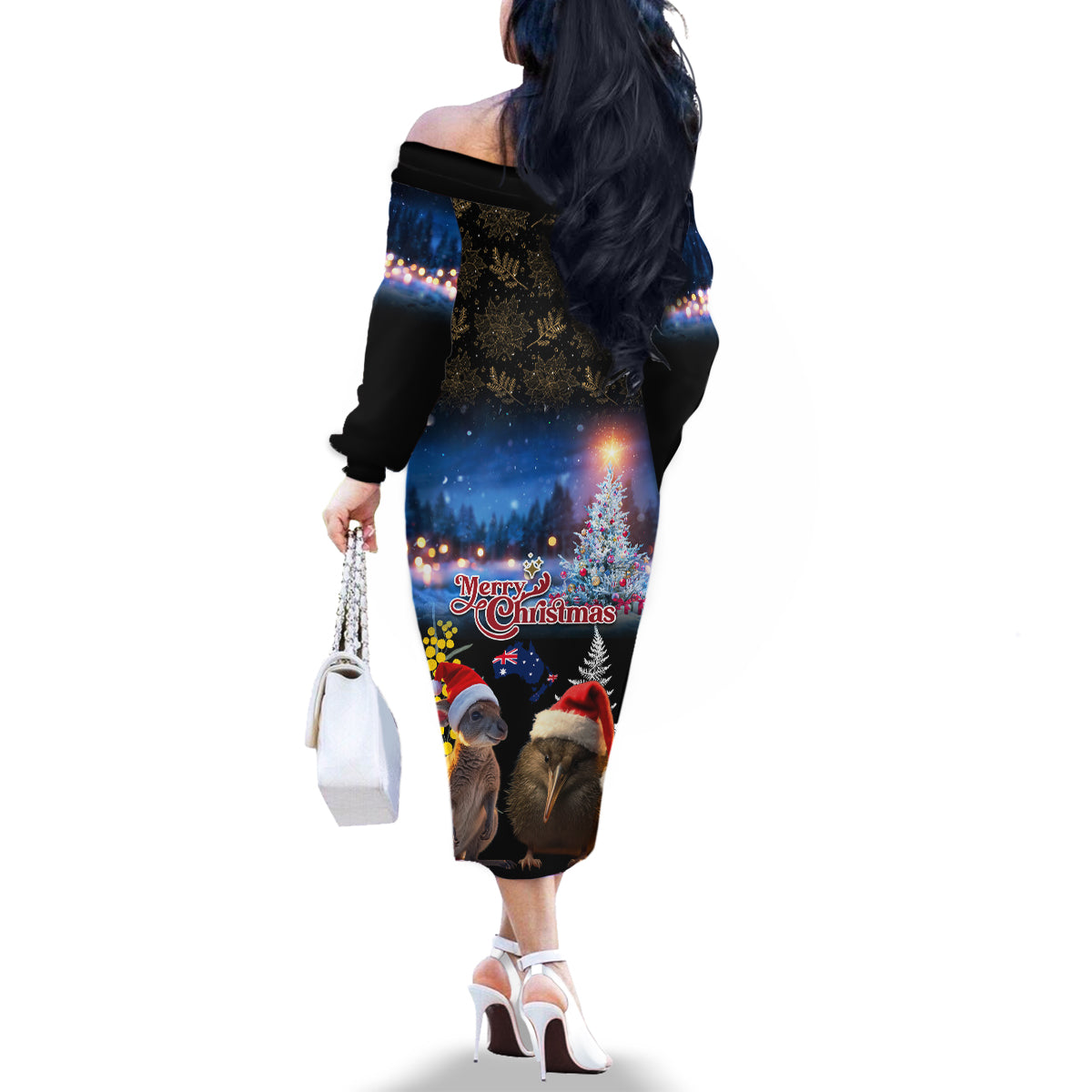 New Zealand and Australia Merry Christmas Family Matching Off The Shoulder Long Sleeve Dress and Hawaiian Shirt Kiwi Bird and Kangaroo Xmas Vibe LT03 - Polynesian Pride