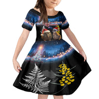 New Zealand and Australia Merry Christmas Family Matching Off Shoulder Maxi Dress and Hawaiian Shirt Kiwi Bird and Kangaroo Xmas Vibe LT03 Daughter's Dress Black - Polynesian Pride