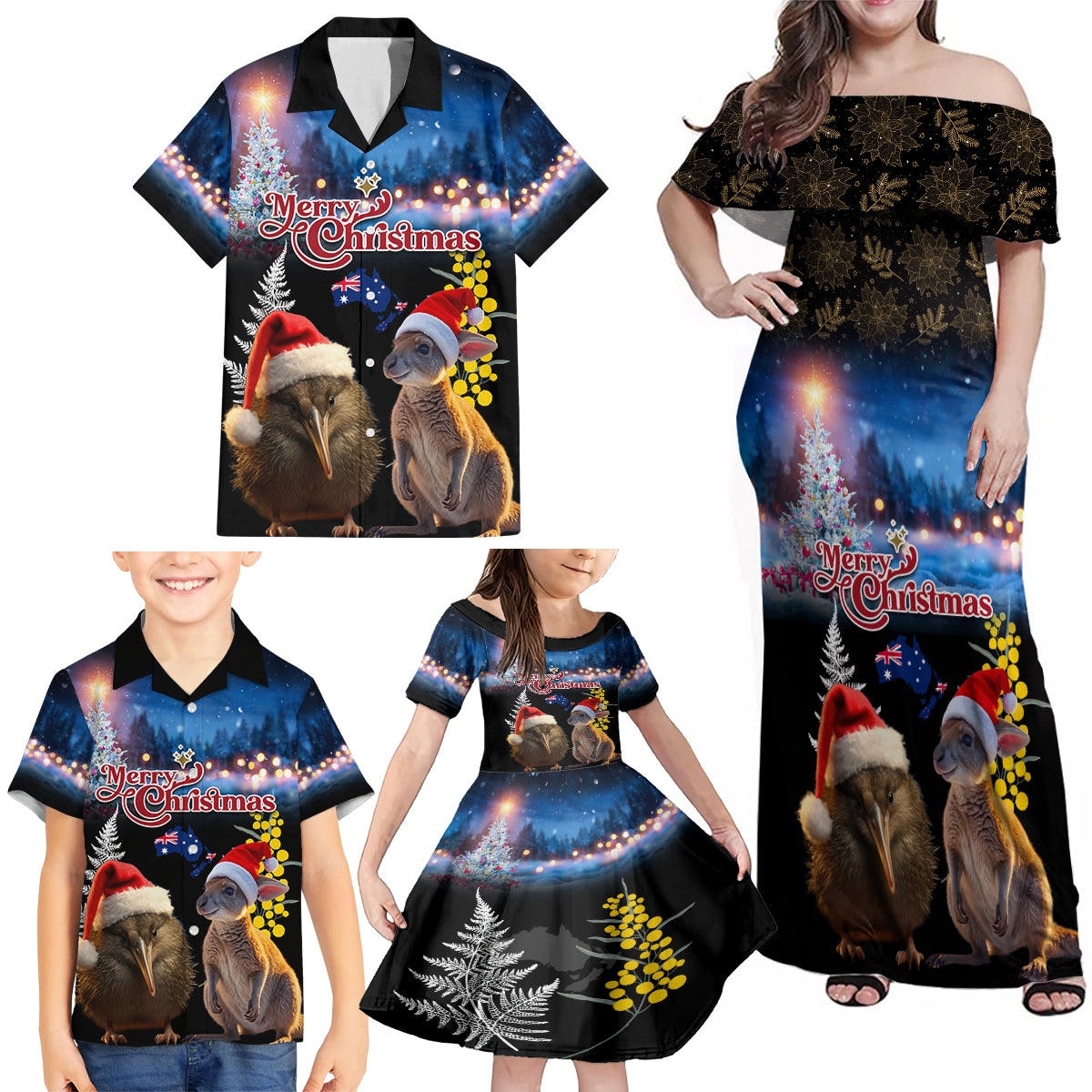 New Zealand and Australia Merry Christmas Family Matching Off Shoulder Maxi Dress and Hawaiian Shirt Kiwi Bird and Kangaroo Xmas Vibe LT03 - Polynesian Pride