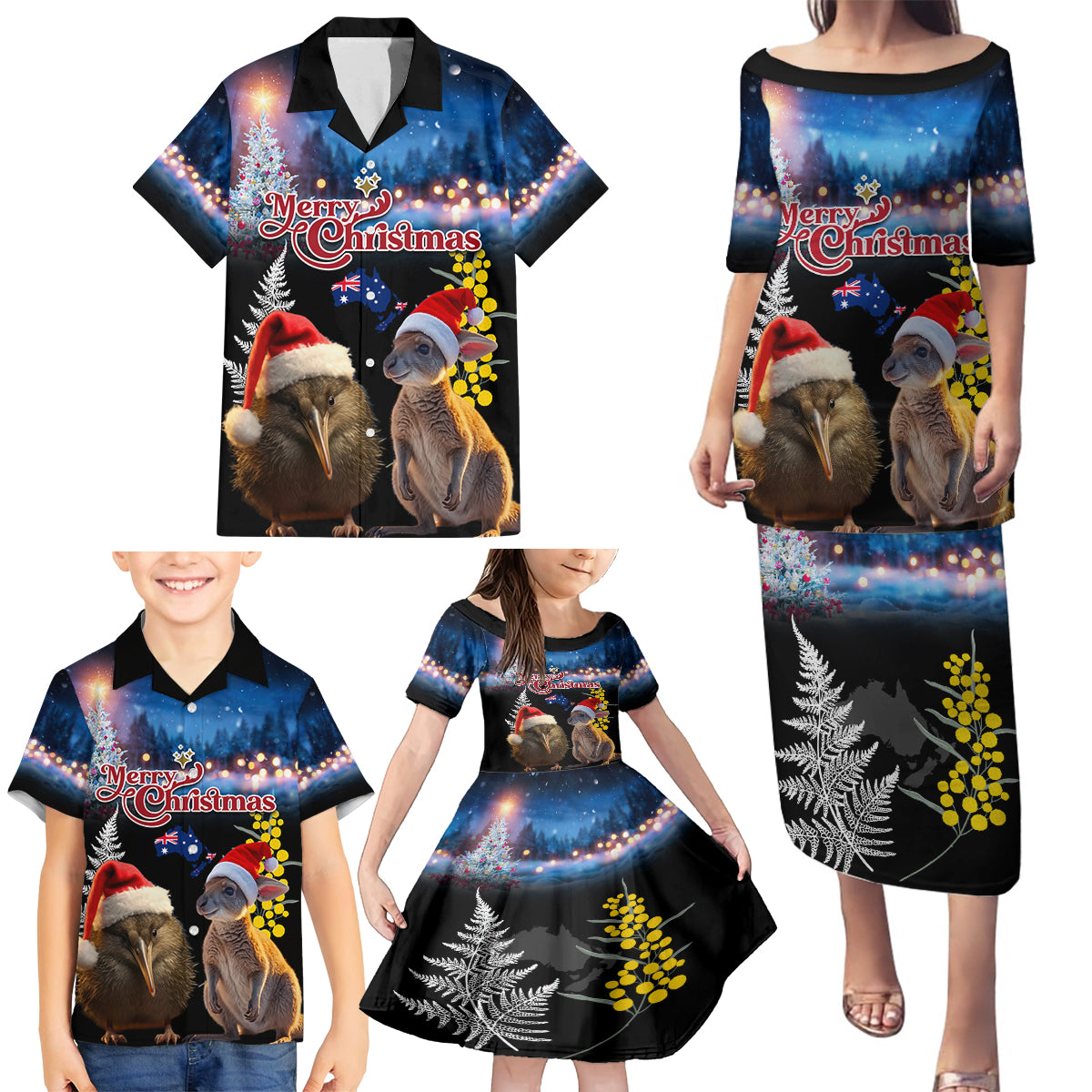 New Zealand and Australia Merry Christmas Family Matching Puletasi and Hawaiian Shirt Kiwi Bird and Kangaroo Xmas Vibe LT03 - Polynesian Pride