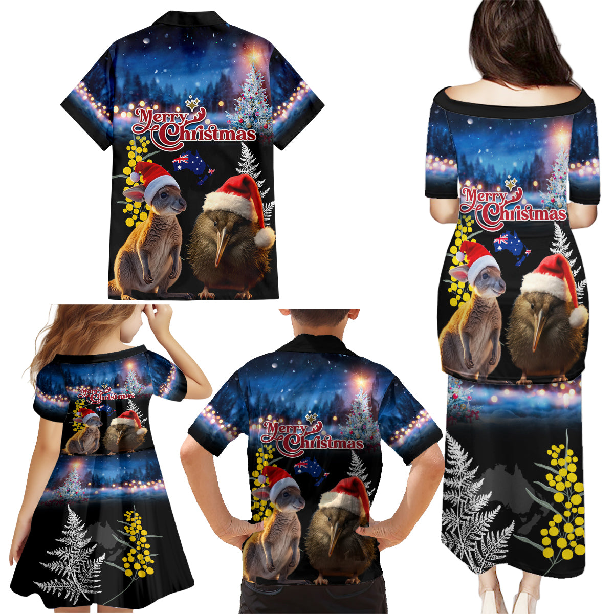 New Zealand and Australia Merry Christmas Family Matching Puletasi and Hawaiian Shirt Kiwi Bird and Kangaroo Xmas Vibe LT03 - Polynesian Pride