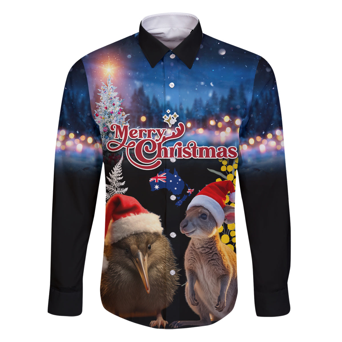 New Zealand and Australia Merry Christmas Family Matching Puletasi and Hawaiian Shirt Kiwi Bird and Kangaroo Xmas Vibe LT03 Dad's Shirt - Long Sleeve Black - Polynesian Pride