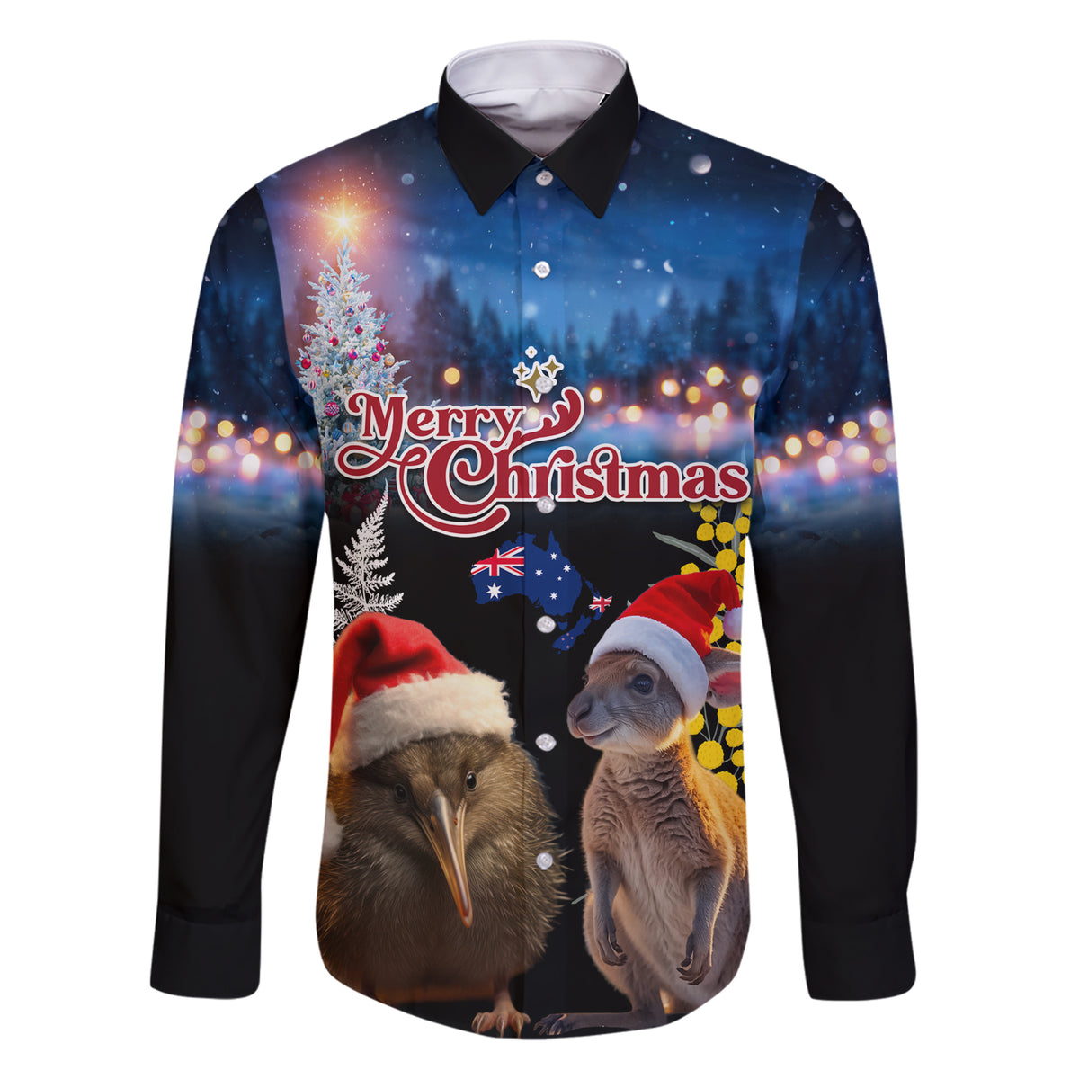 New Zealand and Australia Merry Christmas Family Matching Short Sleeve Bodycon Dress and Hawaiian Shirt Kiwi Bird and Kangaroo Xmas Vibe LT03 Dad's Shirt - Long Sleeve Black - Polynesian Pride