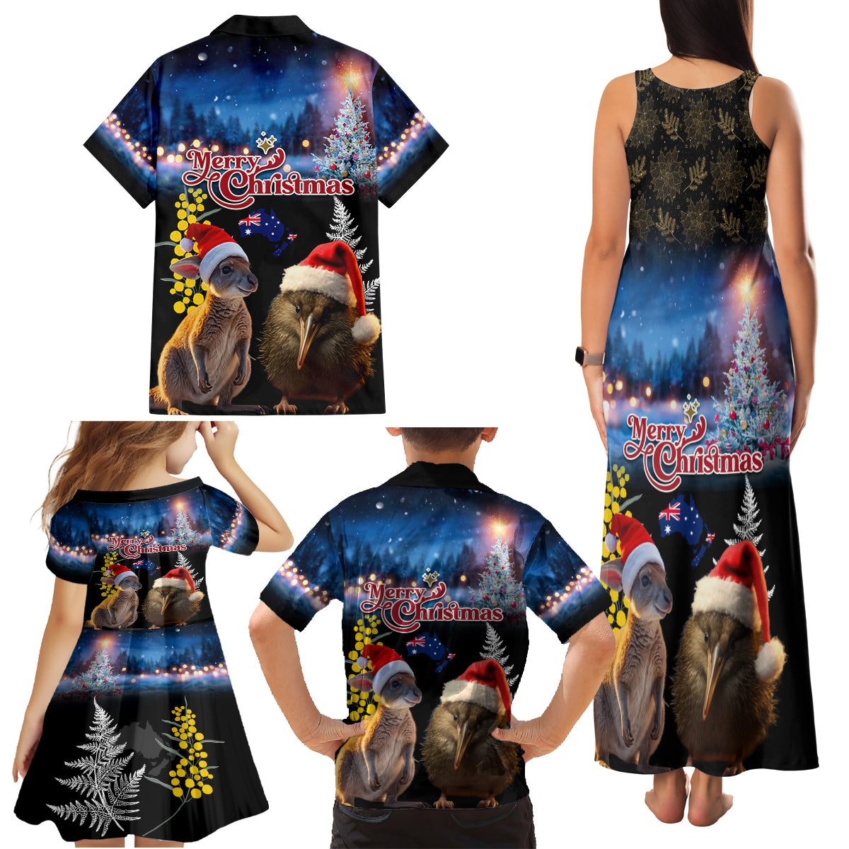New Zealand and Australia Merry Christmas Family Matching Tank Maxi Dress and Hawaiian Shirt Kiwi Bird and Kangaroo Xmas Vibe LT03 - Polynesian Pride