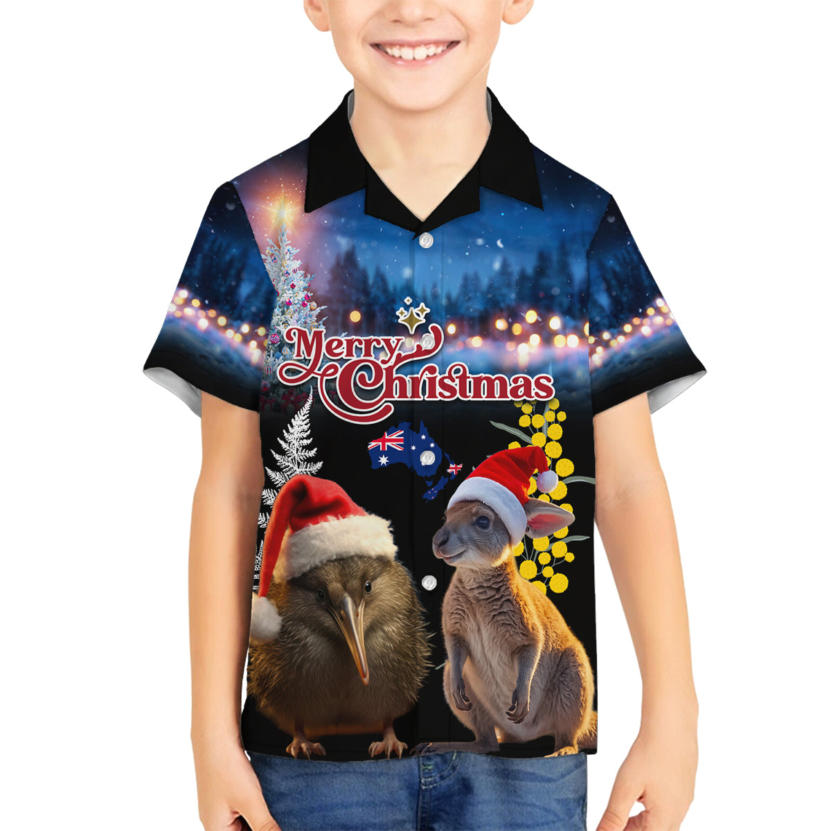 New Zealand and Australia Merry Christmas Family Matching Tank Maxi Dress and Hawaiian Shirt Kiwi Bird and Kangaroo Xmas Vibe LT03 Son's Shirt Black - Polynesian Pride