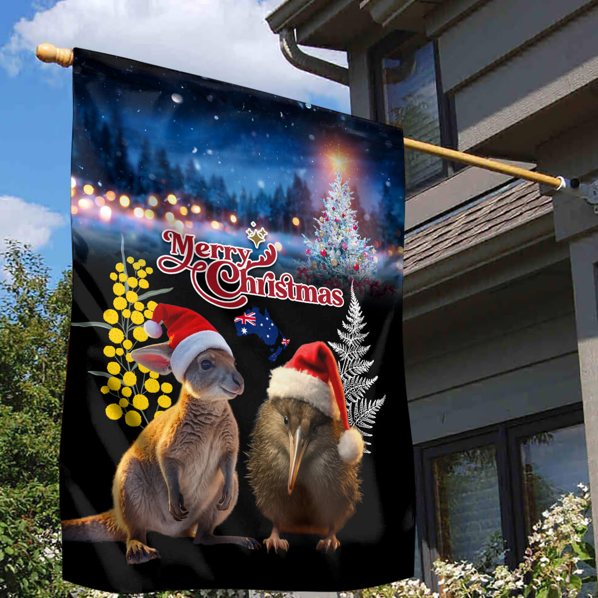 New Zealand and Australia Merry Christmas Garden Flag Kiwi Bird and Kangaroo Xmas Vibe LT03 - Polynesian Pride