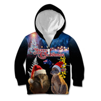 New Zealand and Australia Merry Christmas Kid Hoodie Kiwi Bird and Kangaroo Xmas Vibe LT03 Zip Hoodie Black - Polynesian Pride